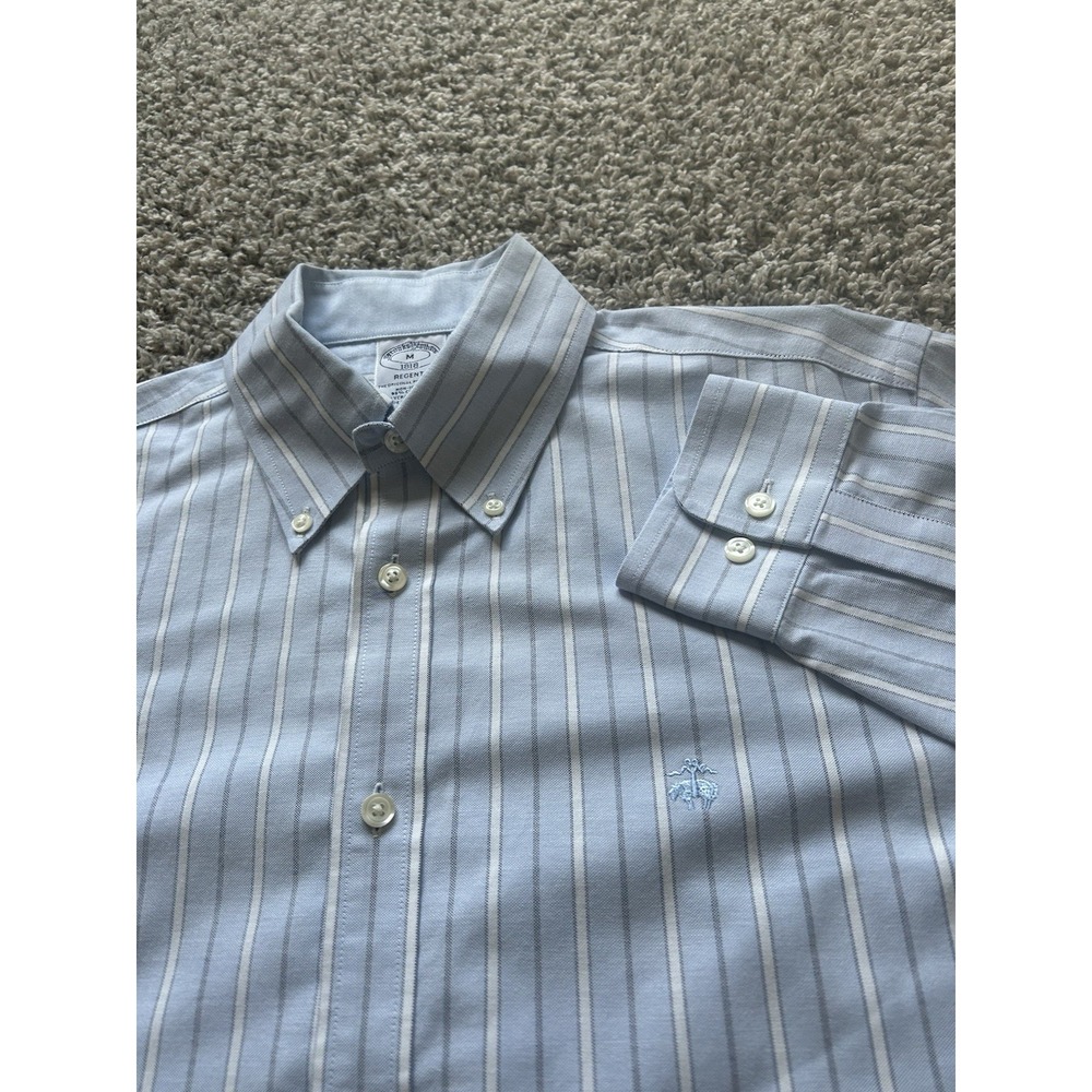 Brooks Brothers Men's M Regent Blue White Stripe Long Slv Button Down Embroidery